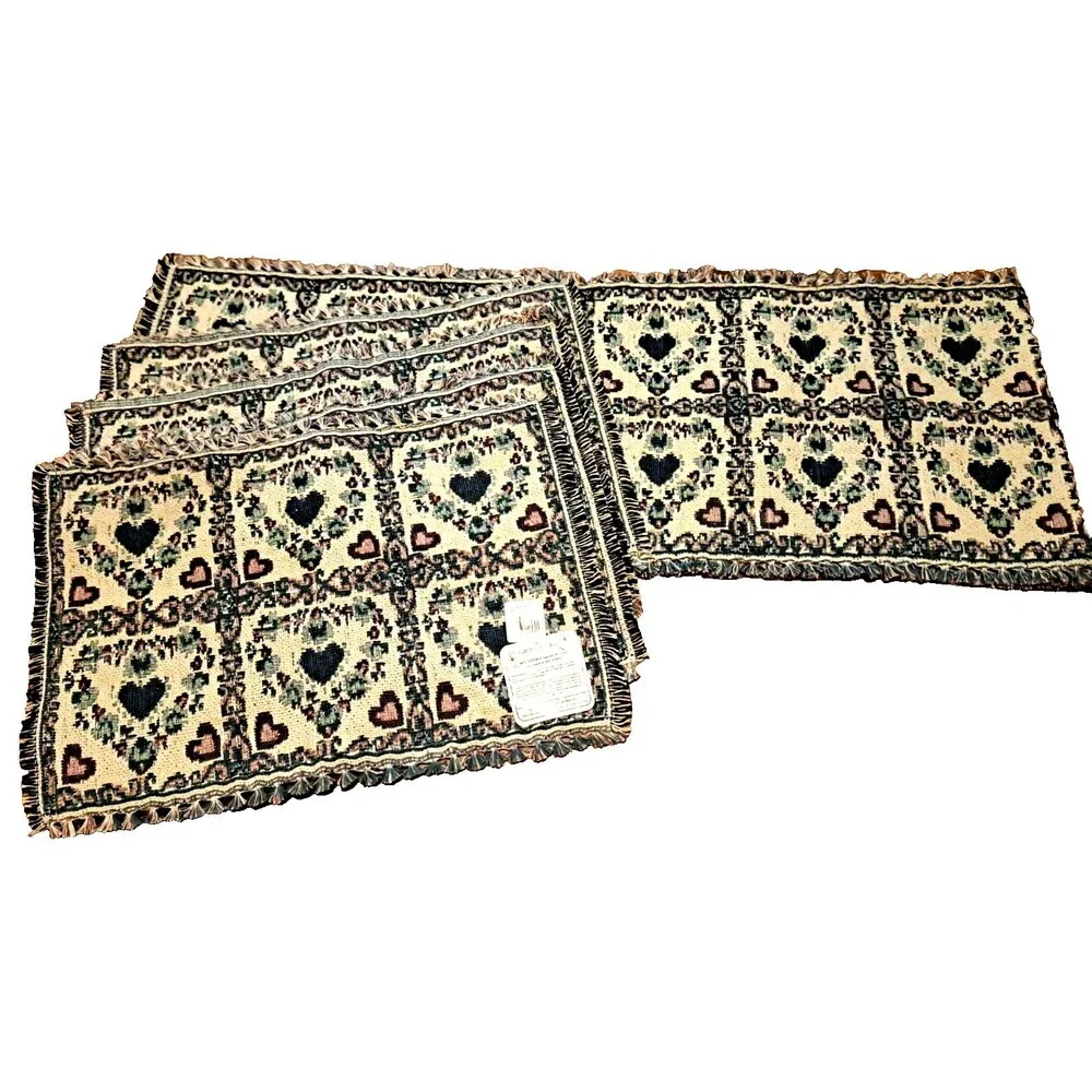 NEW Tapestry Placemats & Table Runner Set of 5 Blue Beige Hearts Country Boho